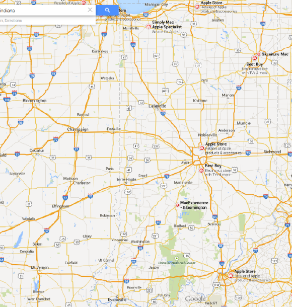 Google shows 2 Apple stores, a couple of Mac stores and Best Buys in Indiana